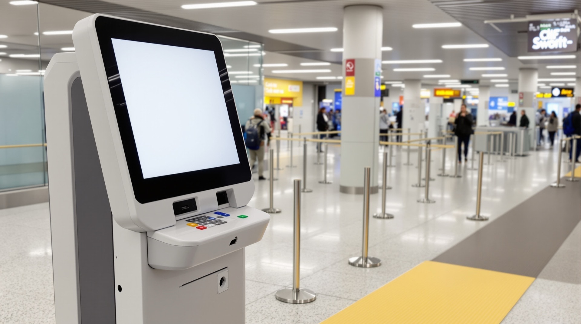 A self-service airport kiosk with a tactile keypad, card slot and blank screen beside a queue lane