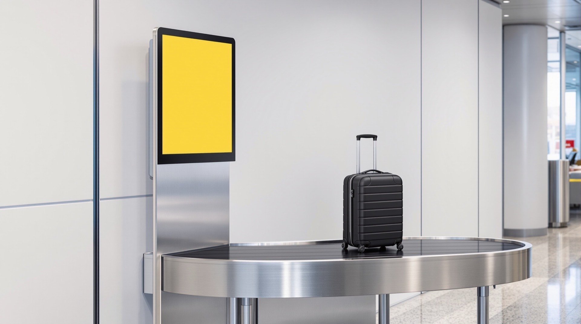A suitcase on a stainless baggage belt beside a blank vertical display screen in an airport hall