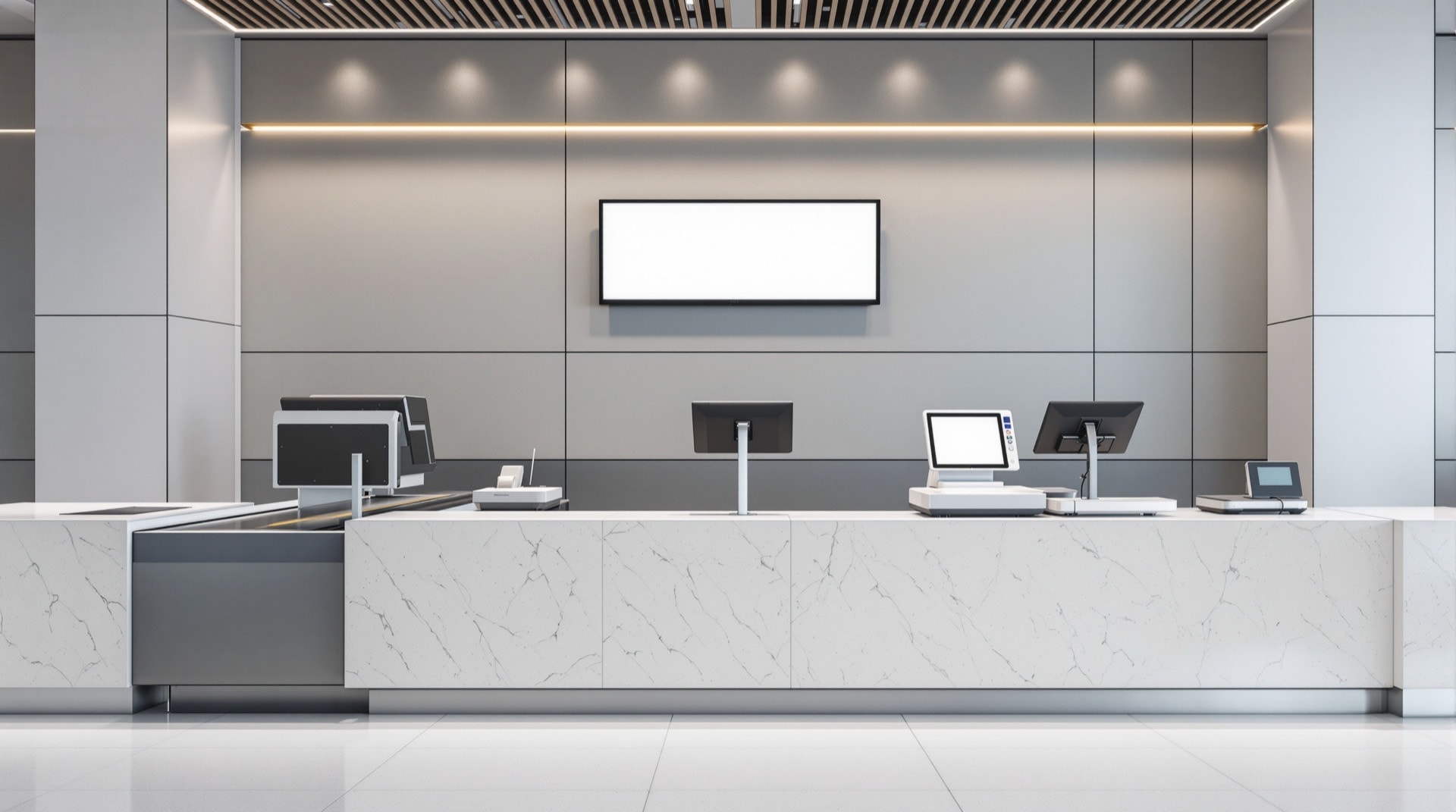 An unbranded shared check-in desk position with baggage belt and scale