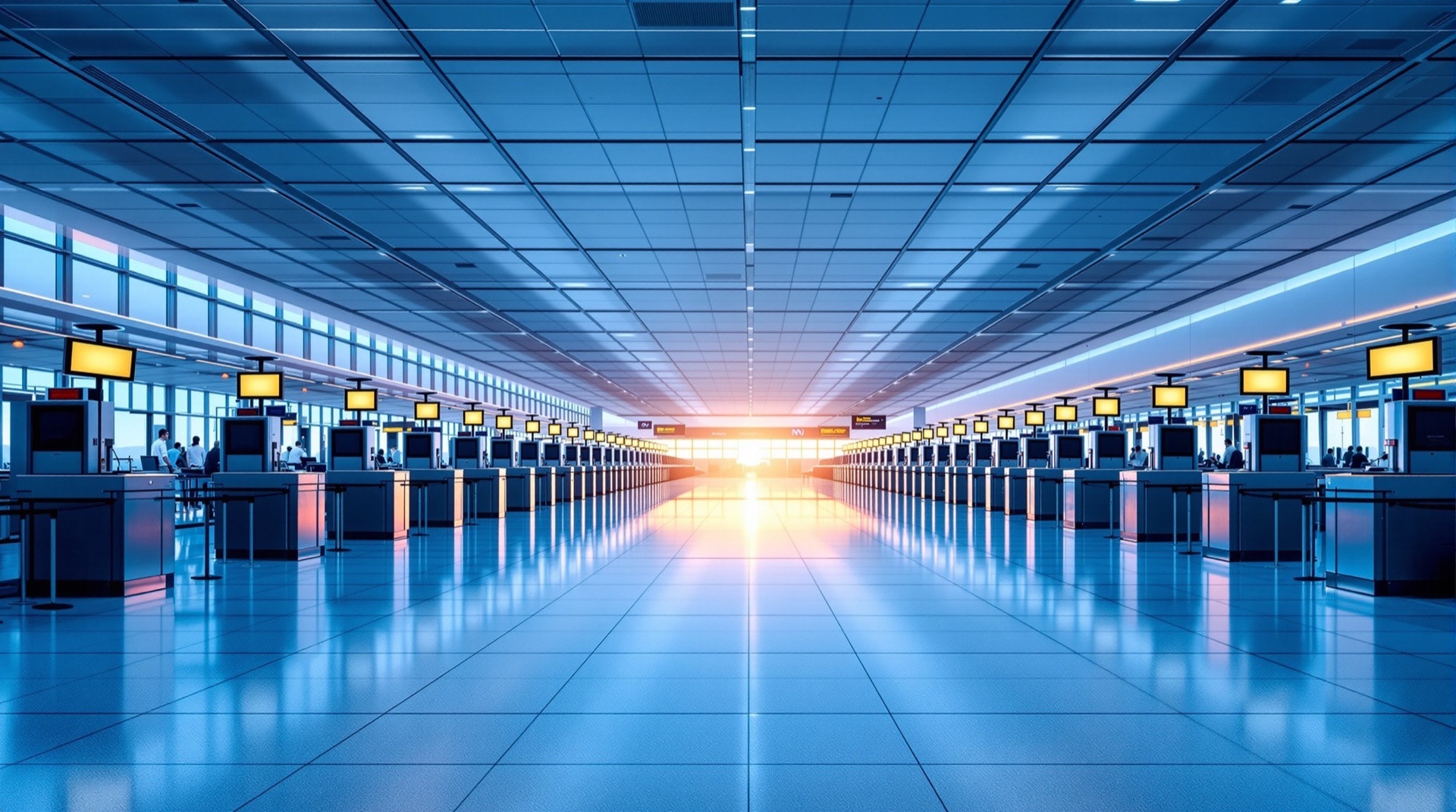 An empty departures hall at dawn with long rows of shared kiosks and desks