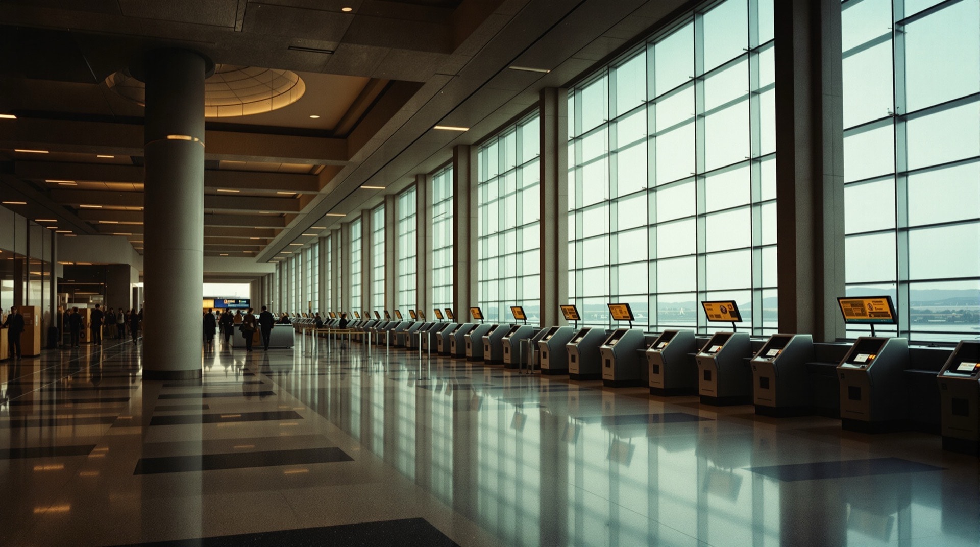 An older terminal interior with an early bank of unbranded self-service machines