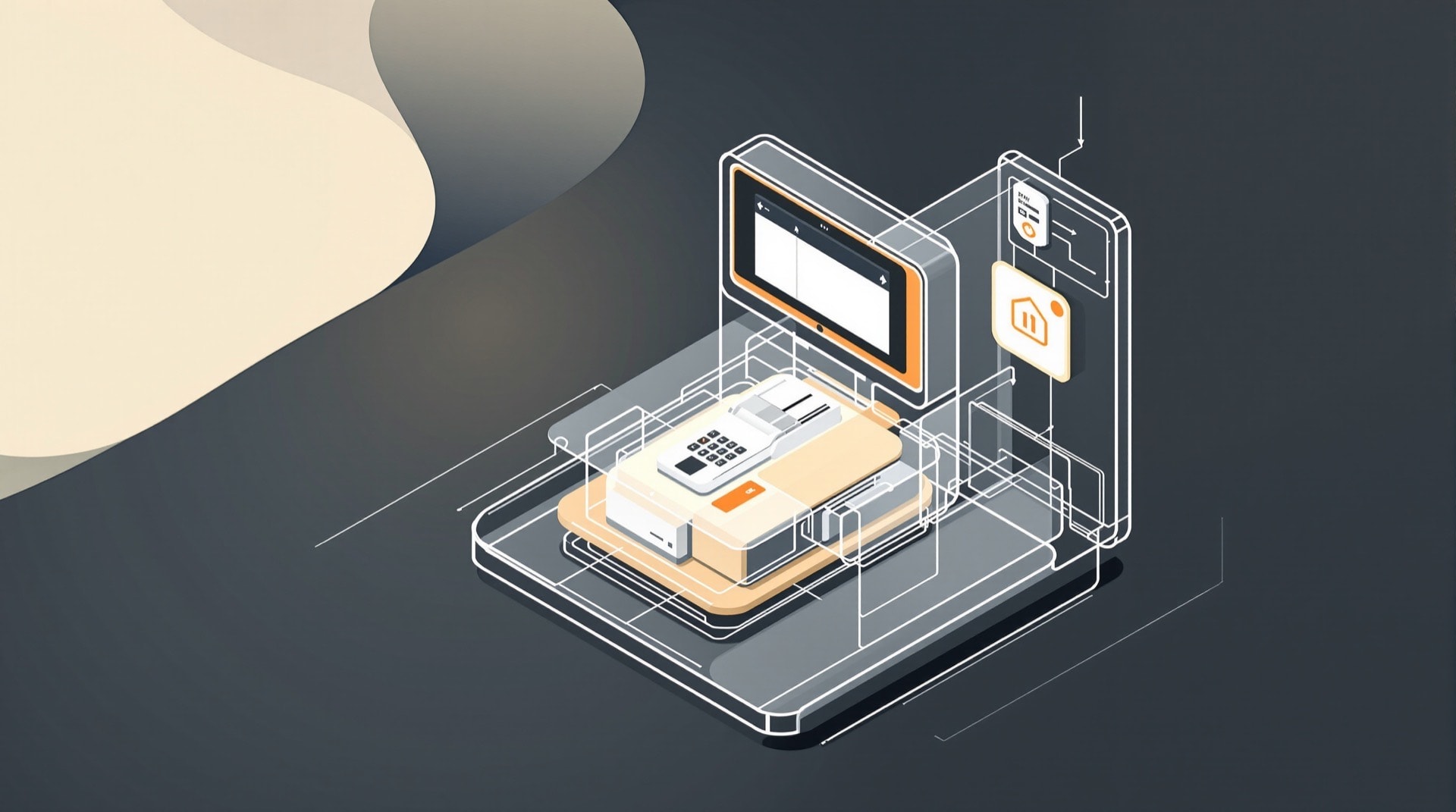 An isometric diagram of a kiosk showing its screen, printer and card reader as connected layers
