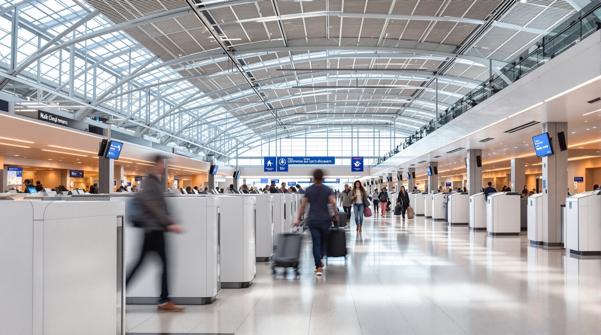 A row of unbranded self-service check-in kiosks in an airport departures hall