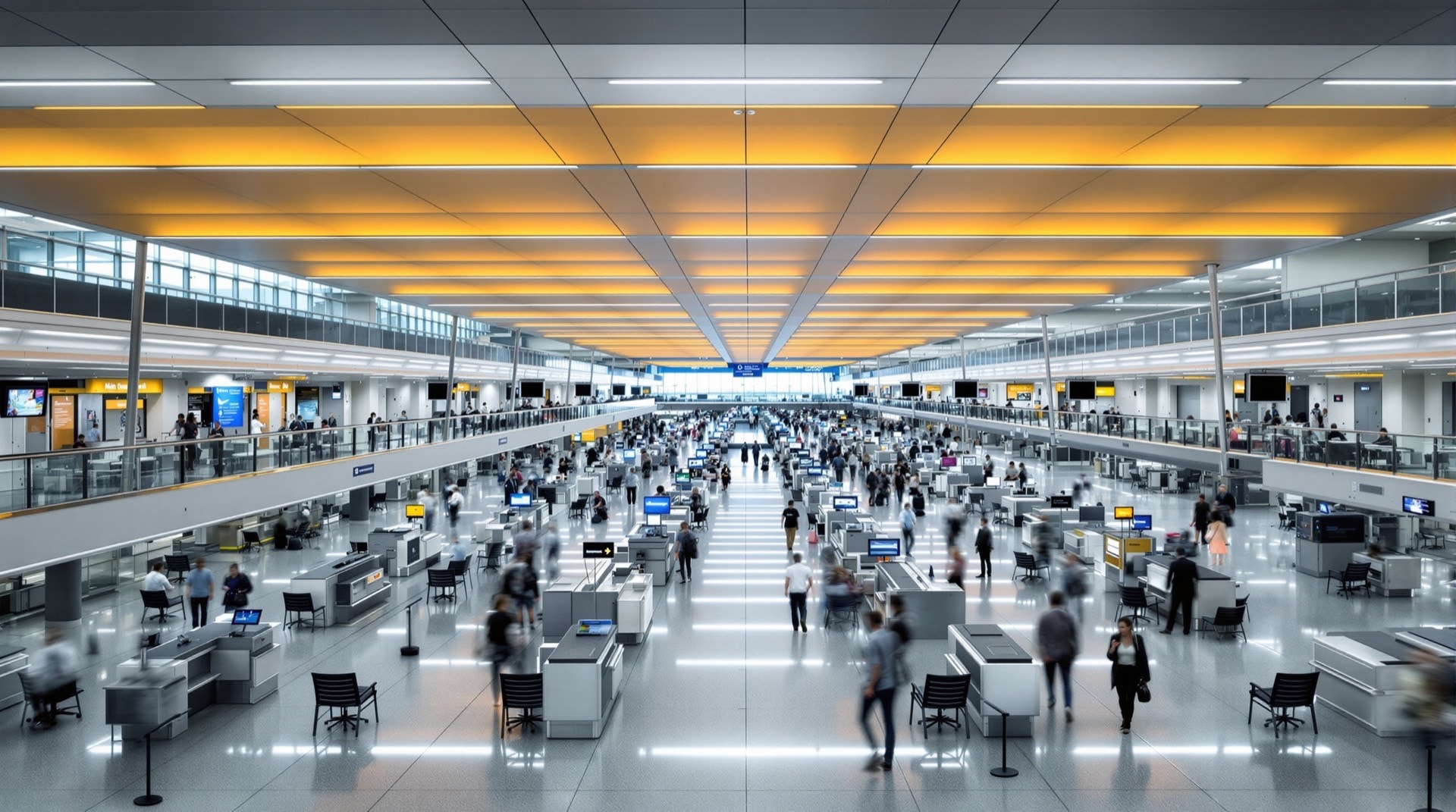 An airport check-in hall viewed from above showing shared desks and kiosks